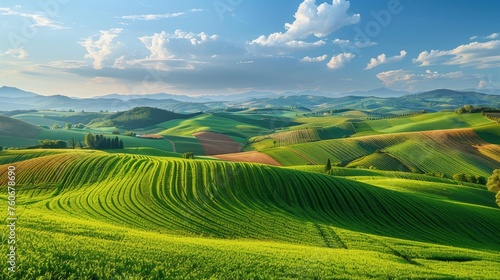 The sun casts its gentle light over lush green rolling hills of farmland, creating a pattern of shadows and highlights that dance across the verdant landscape.