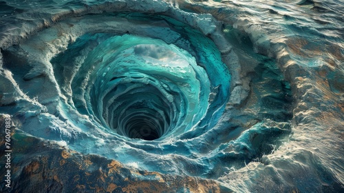Dramatic aerial view of a powerful ocean whirlpool with swirling turquoise waters and frothy waves.