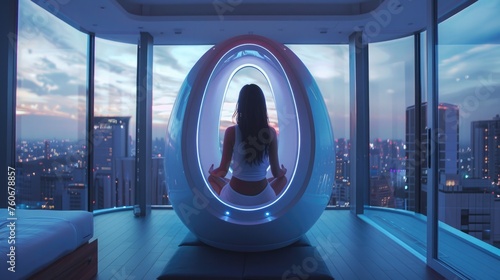 A high-tech meditation pod in a futuristic apartment, using augmented reality for immersive relaxation experiences photo