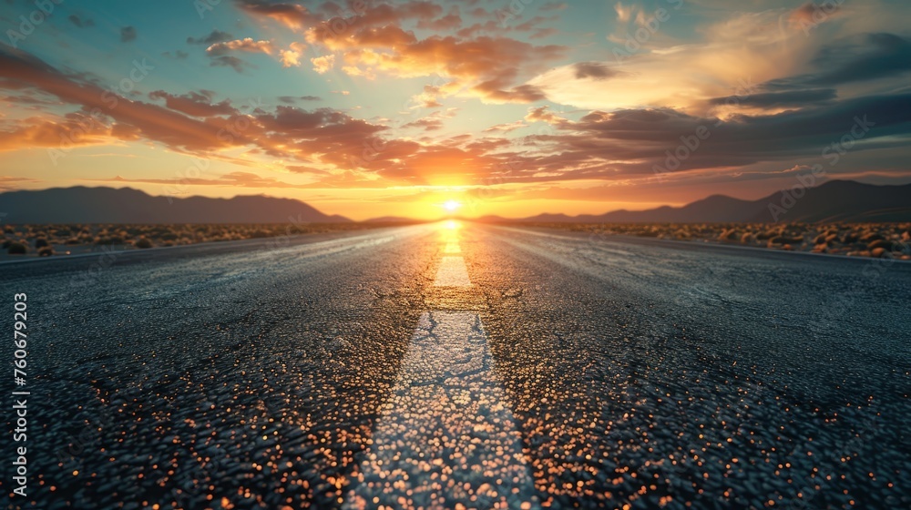 A serene sunset casting golden hues over a desolate desert highway, with mountains silhouetted against the colorful sky. - obrazy, fototapety, plakaty 