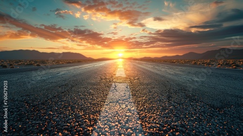 A serene sunset casting golden hues over a desolate desert highway, with mountains silhouetted against the colorful sky. photo