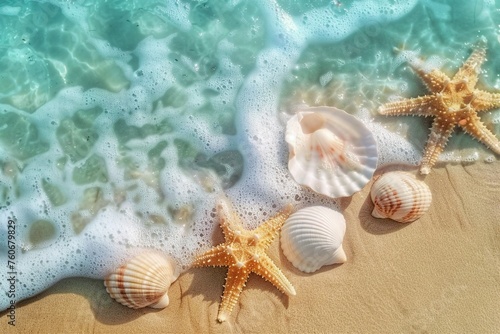 Starfish and seashell on the summer beach in sea water. Summer background. Summer time. generative ai.