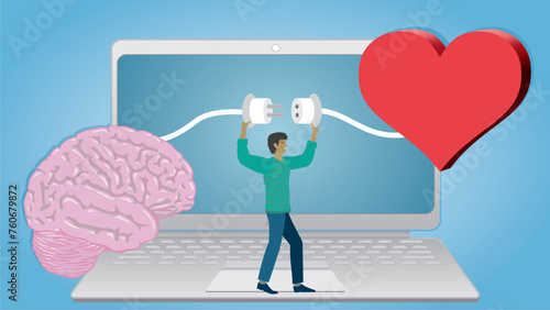 Man connecting brain and heart. Standing on laptop. Empathy, locical thinking and social skills online and in development. Dimension16:9. Vector illustration. photo