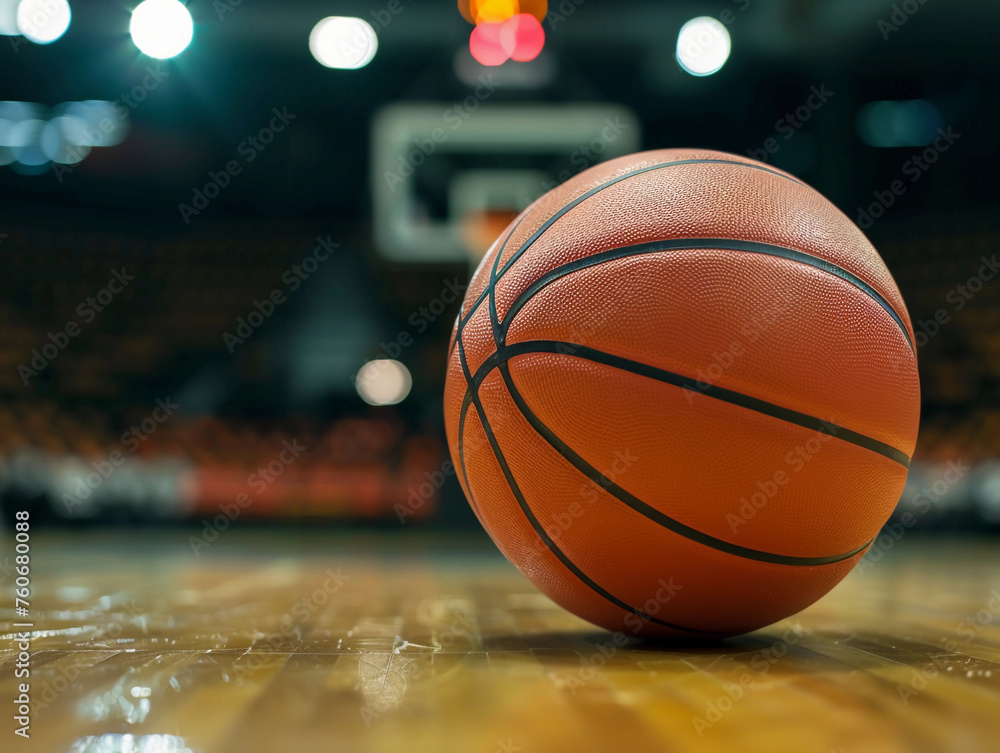 Basketball on Court Floor close up with blurred arena in background Basketball on Court Floor close up with blurred arena in background