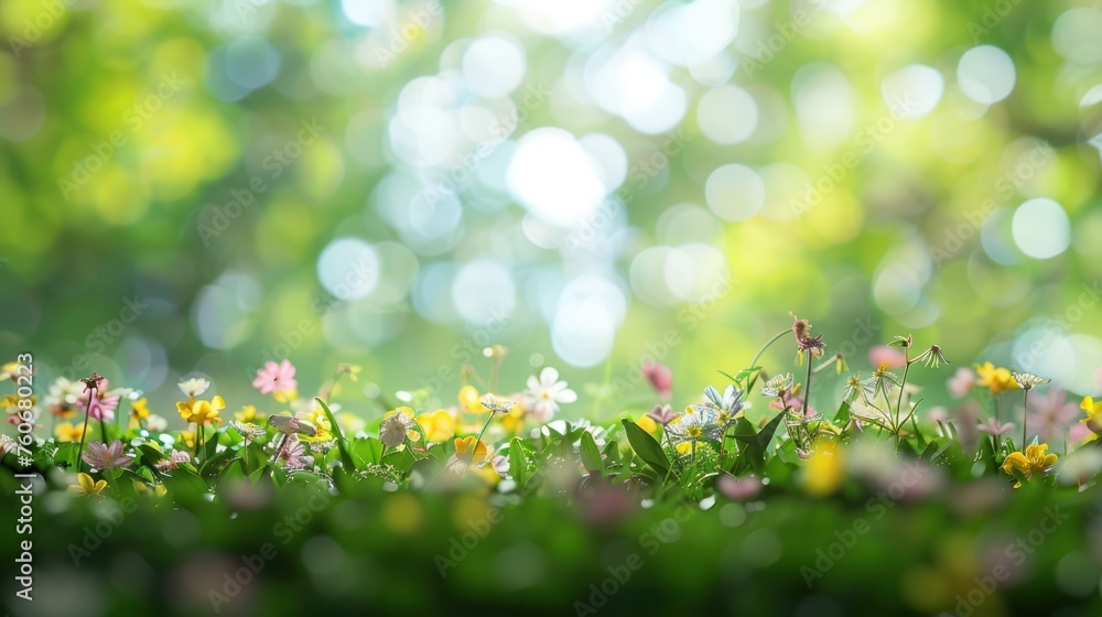  Beautiful blurred spring background nature with blooming glade, 