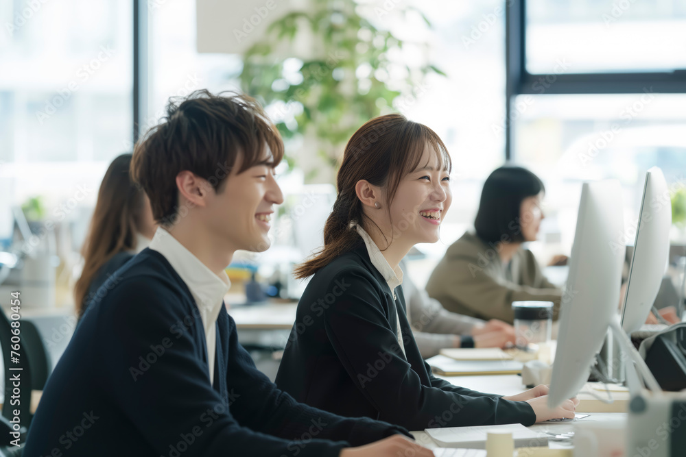 Asian business group of people are working in an office, with a woman smiling at a man. Scene is positive and friendly, as the people are working together and enjoying each other's company Asian business group of people are working in an office, with a woman smiling at a man. Scene is positive and friendly, as the people are working together and enjoying each other's company
