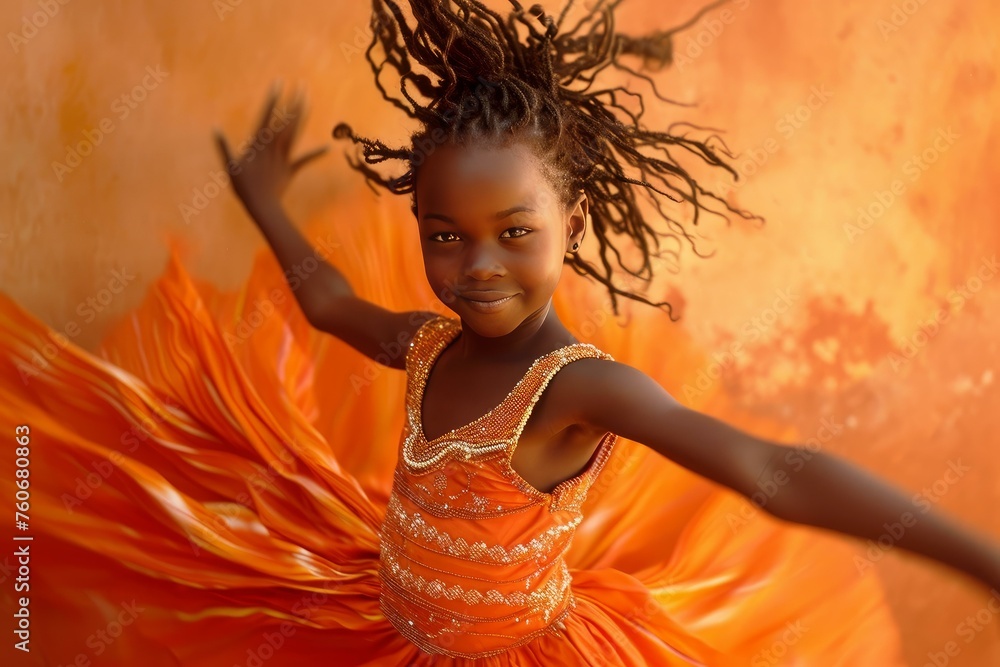 Naklejka premium Talented African little girl ballet. Happy dancer. Generate Ai