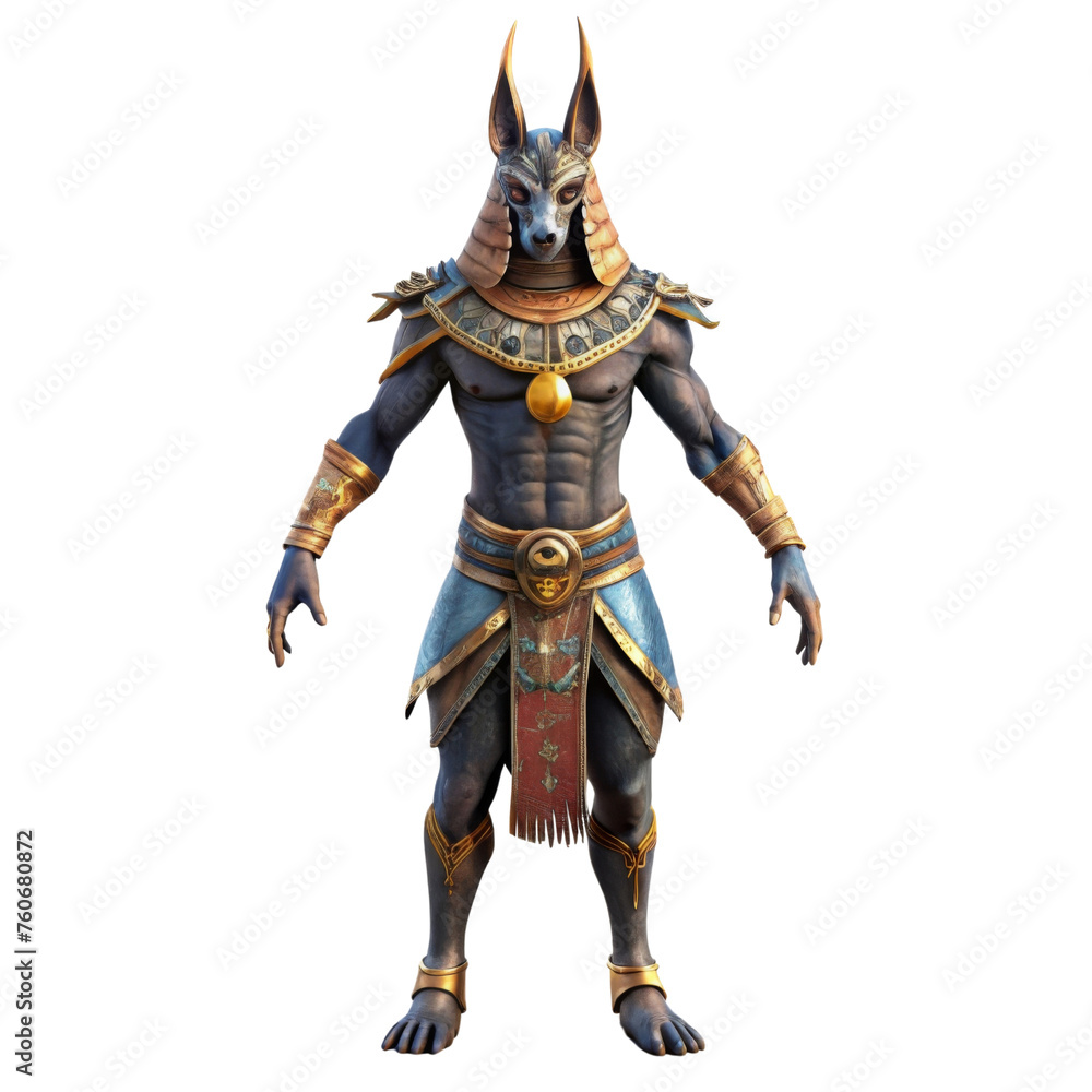 Stylized Egyptian Anubis figure standing - An artfully designed representation of Anubis, the Egyptian god, stands poised against a plain background