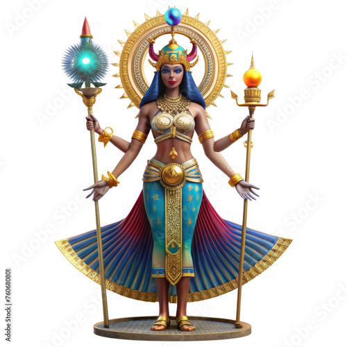 Illustrated Egyptian goddess with weapons - Detailed portrayal of an Egyptian goddess holding celestial weapons