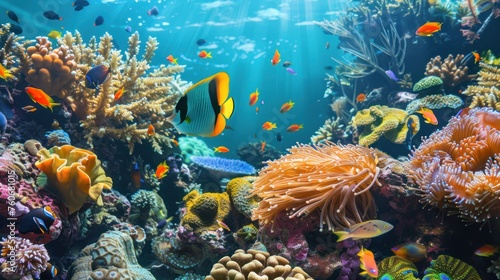 Colorful sea fish swim among beautiful coral reefs. Emphasis on presenting the beauty of corals and aquatic animals. 