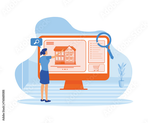 Real estate search. Buying property concept, people group looking home on market. Buy or rent house online, building project utter scene. flat vector modern illustration