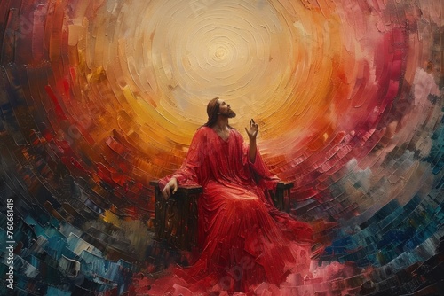 An expressive painting of a seated figure Jesus Christ in red, looking upwards, against a vibrant swirl of warm and cool colors. Place for text