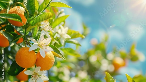 Fresh orange tree fruits and blossoms with blue sunny sky background.