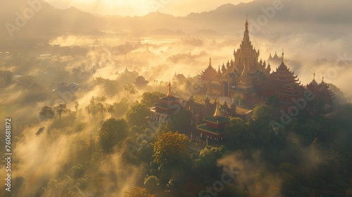  sea of mist and a temple or sacred place It shows beauty, peace, and faith. Presenting the harmony between nature and religious places. 