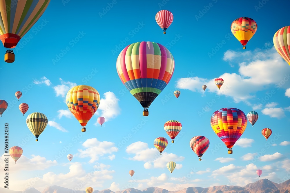 Whimsical Hot Air Balloons: A whimsical display of colorful hot air balloons floating against a clear blue sky, radiating joy and adventure.

