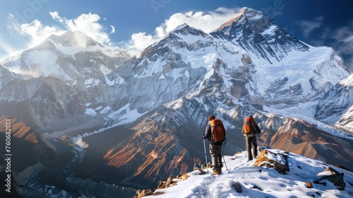  Men hiking on snowcapped mountain 