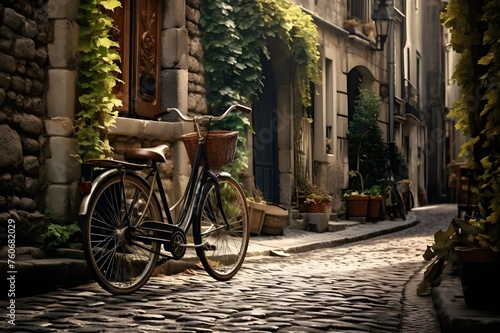 Vintage Bicycle in Paris Alley: A charming scene of a weathered bicycle leaning against cobblestone walls in a picturesque Parisian alley.