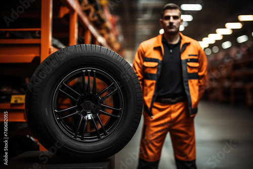 A focused mechanic in a striking orange jumpsuit stands next to a black car tire in a warehouse, embodying professionalism and readiness.