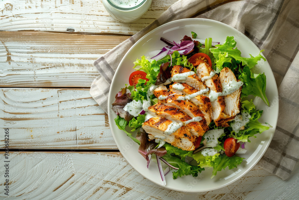 Grilled Chicken Salad with Ranch Dressing on a Wooden Table - obrazy, fototapety, plakaty 