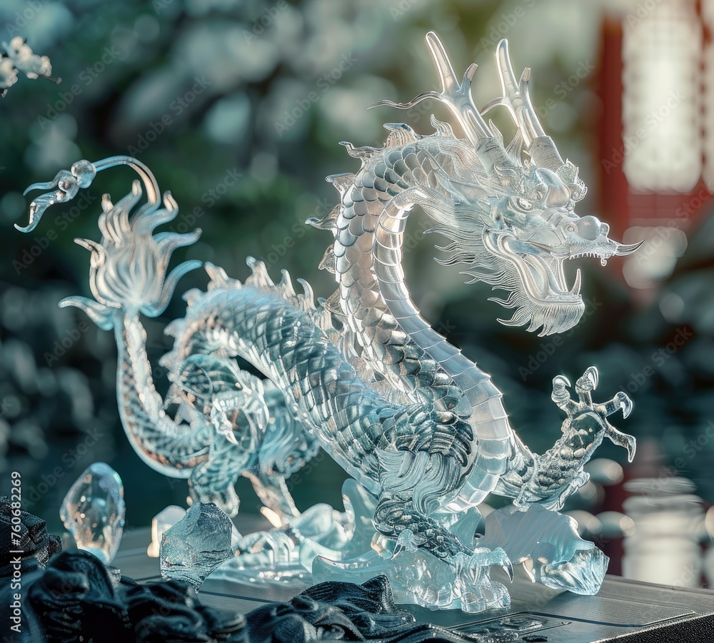 Obraz premium A majestic Chinese dragon rendered in a crystal-clear dreamlike style, creating a grand scene