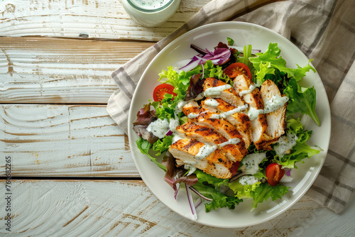 Grilled Chicken Salad with Ranch Dressing on a Wooden Table © JJAVA