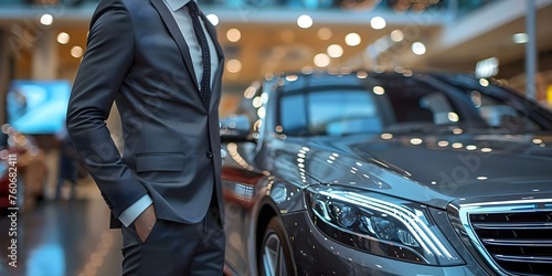 Professional salesman showcasing luxurious car to potential customer in showroom setting. Concept Luxury Cars, Salesmanship, Automotive Industry, Showroom Setting, Customer Interaction © Ян Заболотний