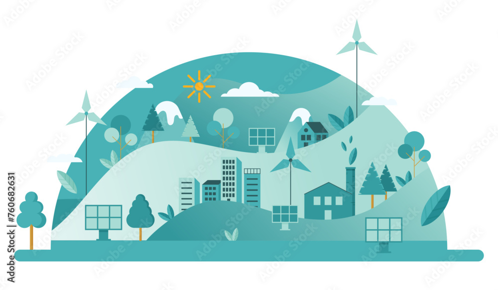 Illustration of a modern flat eco city - Editable vector of houses, mountains, landscape, wind turbines, solar panels, green factory, trees, leaves, sun and clouds