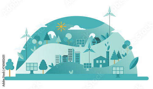 Illustration of a modern flat eco city - Editable vector of houses, mountains, landscape, wind turbines, solar panels, green factory, trees, leaves, sun and clouds