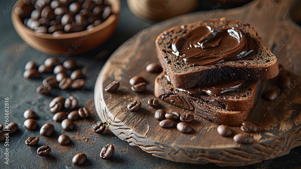 Black bread toast with chocolate paste butter breakfast. Background concept Black bread toast with chocolate paste butter breakfast. Background concept