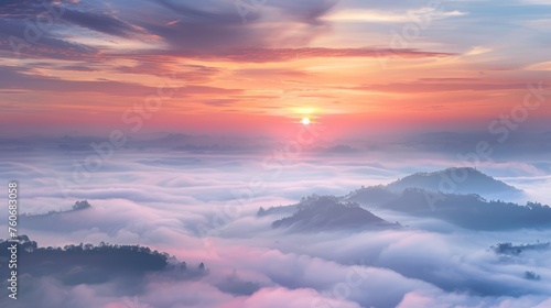 Sea of mist and sunrise show the beauty miracle and the grandeur of nature, presenting beautiful light, colors and atmosphere