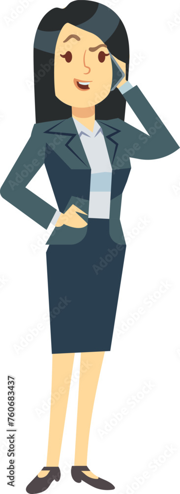 Businesswoman speaking on phone. Work call. Cartoon female character Businesswoman speaking on phone. Work call. Cartoon female character