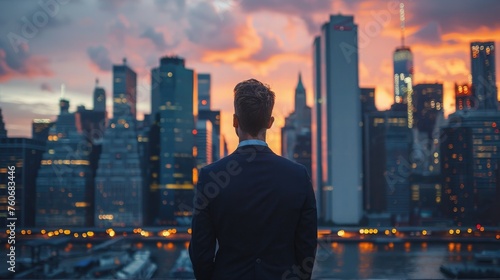 A mid-career professional contemplating a career change with city skyline in the background