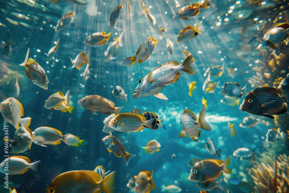 Fototapeta premium Strange behavior of marine fish, such as gathering together in groups Emphasis on presenting the wonders of nature. and the amazingness of the fish