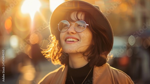  woman smiling telephoto lens photorealistic 