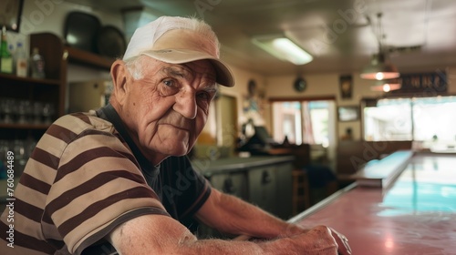 An elderly man in a 50s style road motel bar