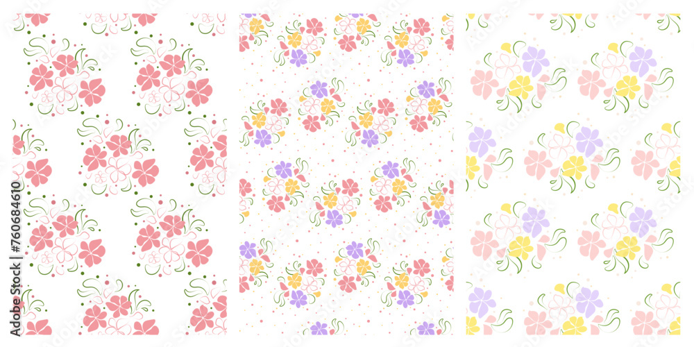 Set of seamless floral patterns in flat style. Vector linear pattern of yellow, pink, purple flowers, a scattering of circles. Selection of delicate backgrounds for the design of cards, invitations
