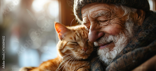 Happy smiling old man portrait cuddling his cat at home. Love and friendship of human and animal. Best friend for life concept.