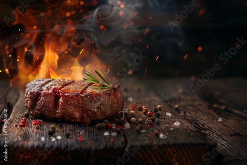 Beef steak medium rare on wooden table beside a hot fire background