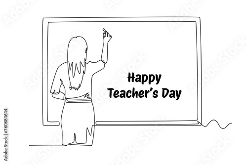 One continuous line drawing of rear view of female teacher writing on the blackboard. World Teachers Day. Trendy single line draw design vector graphic illustration