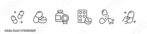 prescription medicine pill icon line set medical pharmacy drug capsule tablet vector illustration disease treatment symbol design