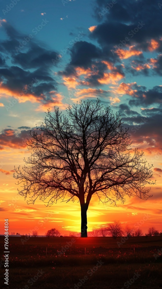Backdrop of a tree silhouette against a sunset setting a dramatic scene