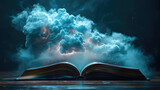 An open book on a dark background emanates a mystical cloud