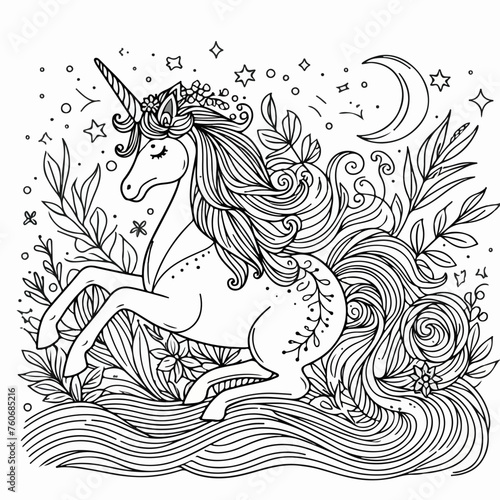 coloring antistress page with unicorn and flowers 