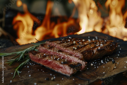 Slice beef steak medium rare on wooden table beside a hot fire background