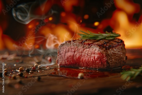 Slice beef steak medium rare on wooden table beside a hot fire background