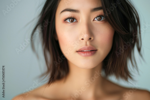 Ethereal Beauty Portrait: Mesmerizing Gaze of an Asian Woman with Delicate Features and Soft Hair