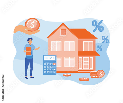 House mortgage concept. Man pays loan for real estate. Investing and financial literacy. Character evaluates expenses and income, family budget, interest accumulation. flat vector modern illustration