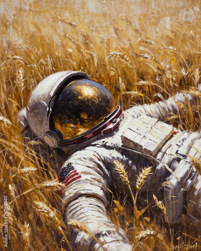 astronaut in a white spacesuit laying among the harvest of wheat and oats photo