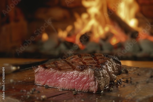 Slice beef steak medium rare on wooden table beside a hot fire background
