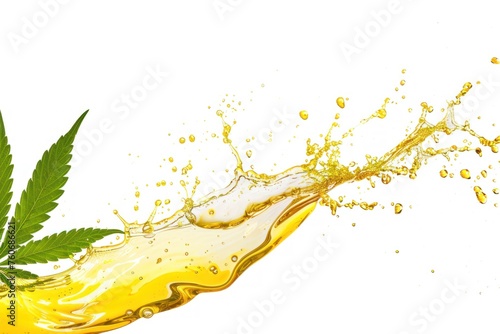 Medical cannabis liquid oil splash with hemp leaf